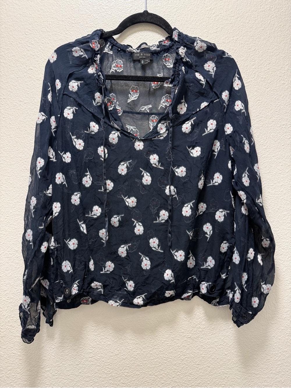 rag & bone Sheer Navy Floral Peasant Blouse